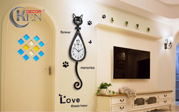 Mua đồng hồ treo tường ở tphcm hình chú mèo mun cho phòng của bé
